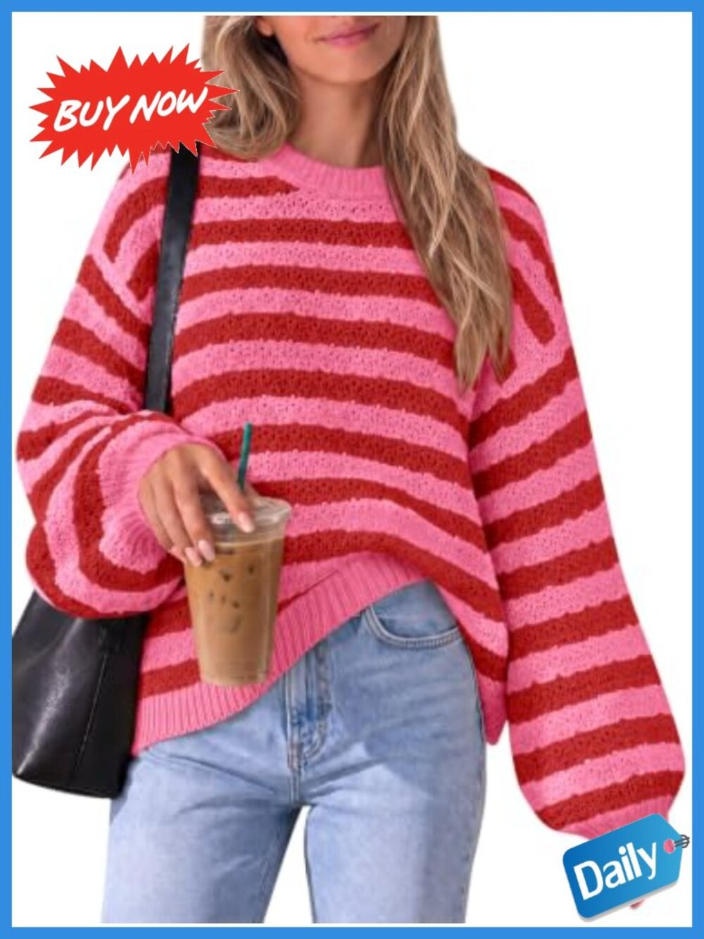 Womens Striped Color Block Crochet Knit Pullover Sweater Long Sleeve Crewneck